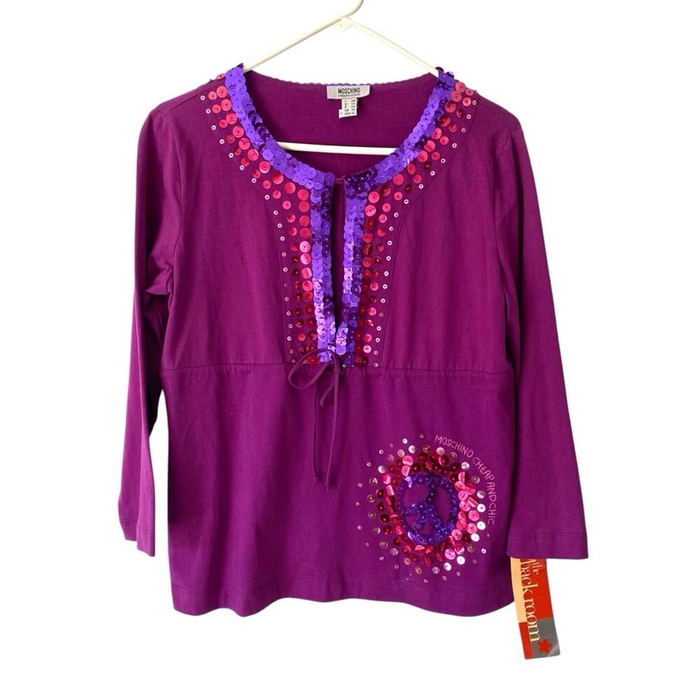 Moschino Cheap And Chic NWTs Purple Sequin Peace Sign Embellishment Top size 14